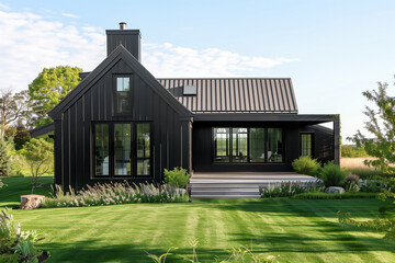 A black modern farmhouse with a covered porch and surrounded by plants. - obrazy, fototapety, plakaty