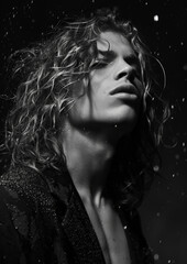 Fashioncore Portrait of Young Model with Long Curly Hair in Rain