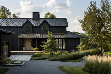 A black modern farmhouse with a covered porch and surrounded by plants.