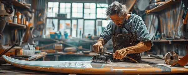 Professional master polishing surfboard in workshop - Powered by Adobe