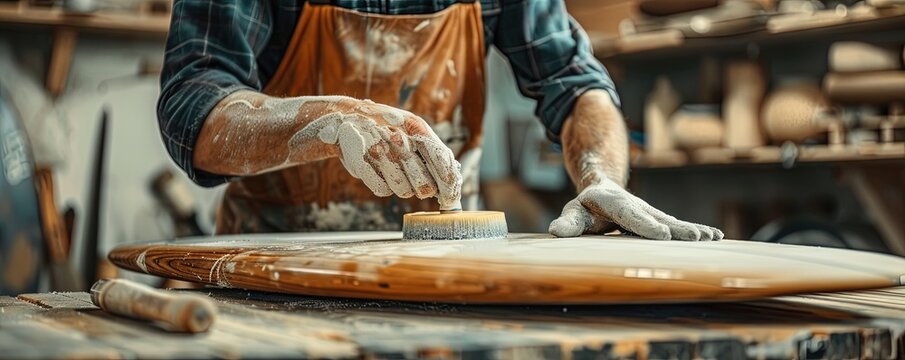 Professional master polishing surfboard in workshop