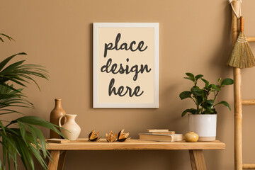 Creative composition of living room interior with mock up poster frame, wooden bench, plants, vase...