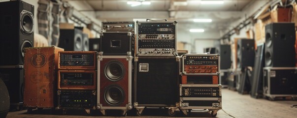 Speakers and sound equipment cases backstage - obrazy, fototapety, plakaty