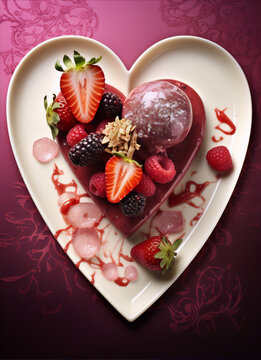 Heart-shaped plate with red berries and cream dessert