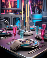 Futuristic elegant dinning table with cityscape view, pink blue and silver colors, 3d illustration - obrazy, fototapety, plakaty