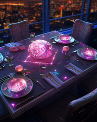 Futuristic fine dining table with a glowing orb centerpiece in a modern high-rise building with a city??.