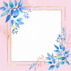 Obraz premium Golden frame with blue flowers on pink background 