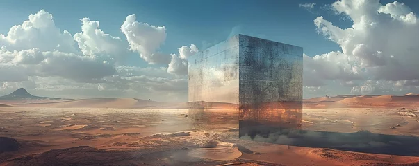 Papier Peint photo Marron profond Surreal landscape with a metal cube in the desert