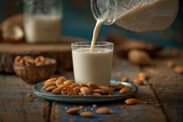 Fotobehang Almond milk, crafted from finely ground almonds and filtered water © Наталья Добровольска