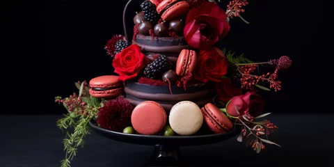Fototapeten Black and red velvet cake with red roses, blackberries and macarons © atalh
