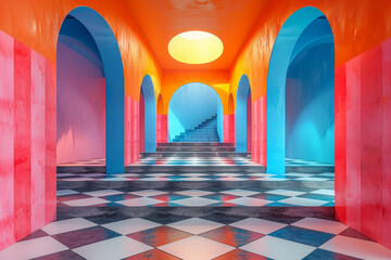 Surreal arches with vibrant checkerboard pattern floor