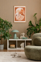Creative compositions of living room interior with mock up poster frame, shelf, table lamp, plants,...