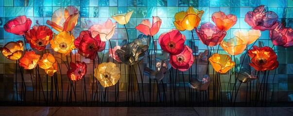various colorful poppies in front of a wall illuminated