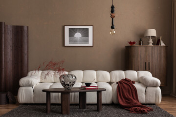 Interior design of modern living room interior with white boucle modular sofa, round coffee table,...