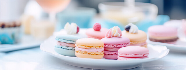 A variety of colorful macarons are arranged on a white plate with a blurred background in the image art category of food and drink with a still life subject and pastel colors.
