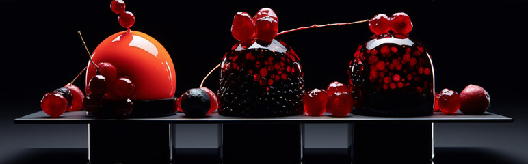 Black and red glossy mirror glaze cakes with fresh berries on black background, food photography.