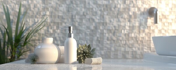 White bottle for bathing products in bathroom on table and mosaic