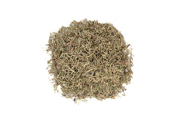 Top view of a bunch of dried rosemary on a white background.