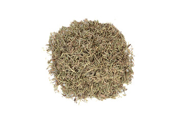 Top view of a bunch of dried rosemary on a white background.