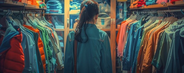 Woman looking clothes on coat rack - obrazy, fototapety, plakaty