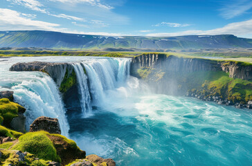landscape photo of the waterfall Godafoss in Iceland with blue water and green hills