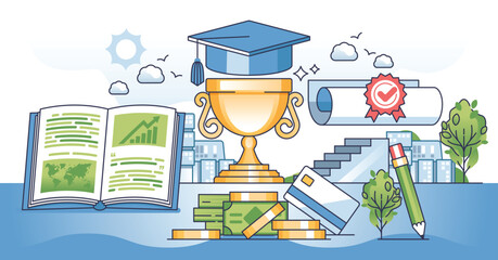 Scholarship credit for students as financial education loan outline concept. University, school or college savings to pay for expensive bachelor studies vector illustration. Graduation tuition price.