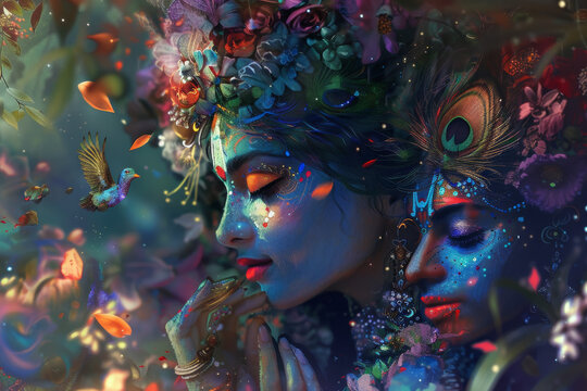 Radhe Krishna in Vivid Colors, Dynamic Lighting Illustration
