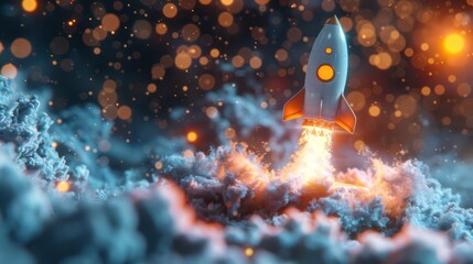 A vibrant image depicting a rocket launching into the cosmos, surrounded by fiery boosters and a dusting of stardust against a deep blue backdrop - obrazy, fototapety, plakaty