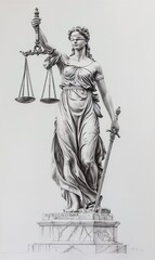 A detailed illustration of Lady Justice, a symbol of legal fairness, holding balanced scales and a sword - obrazy, fototapety, plakaty