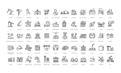 Types of Industries outline icons. Vector illustration
