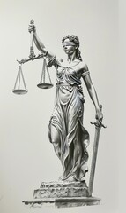 A monochrome depiction of the Lady Justice statue holding balanced scales symbolizing fair judgment and law enforcement