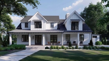 A stunning representation of a modern white house with dark roofing surrounded by lush greenery and a clear blue sky, showcasing contemporary living