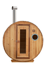 Small barrel shaped round wooden sauna with chimney