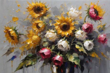 Sunflower Canvas Artwork Gold Foil Flower Modern Painting (3)