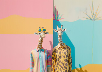 Summer portrait of two casual giraffes standing as a human on street against pastel multi colored wall.