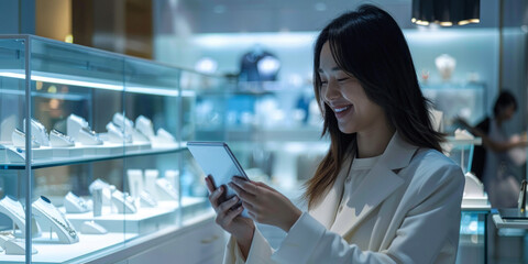 An elegant female customer uses a digital tablet in a high-end jewelry store with modern design