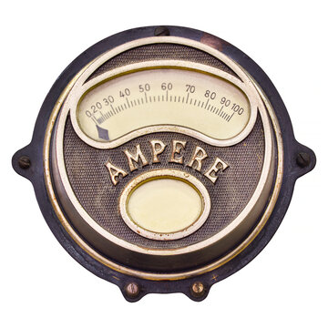 Vintage circular analog ampere meter isolated on a white background