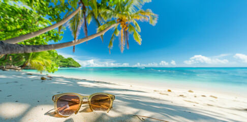 Sonnenbrille liegt im Sand am Strand, im Hintergrund Palmen und tropisches Meer mit Horizont und Himmel - 761468912