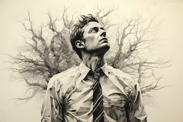 Obraz premium Man looks up. A symbolic moment of reflection. Portrait of a man with a dead tree in the background.