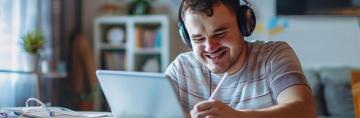 Young  caucasian man student with headphone, hands holding stylus pen and working on digital tablet pc at home.  Portrait of  man writing making notes on tablet computer  - obrazy, fototapety, plakaty