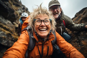 Senior couple 65 plus, climbing in mountains Seniors in active recreation. Healthy lifestyle concept - obrazy, fototapety, plakaty