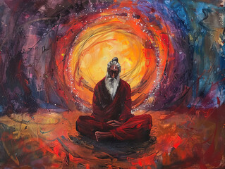 Sadhu in Meditation on Lotus, Surreal Energy Circle
