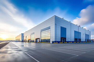 Modern logistics warehouse building structure. AI technology generated image - obrazy, fototapety, plakaty