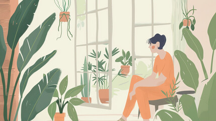 Woman sitting in a room with a lot of plants
