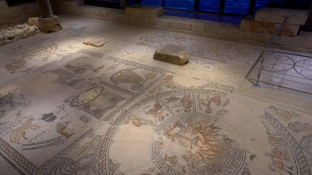 Sepphoris / Tzipori / Saffuriya. Remains of Zippori synagogue. Zodiac wheel mosaic in the 5th- century synagogue, combining Roman scroll designs with Hebrew lettering