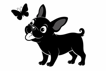 A black silhouette a joyful cartoon French bulldog stands with a butterfly on his nose with his hind legs outstretched, facial details