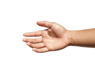 Male hands extended forward to shake hands or grab something on white background business concept.