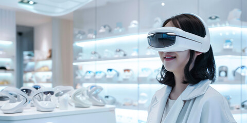 An intrigued female consumer wearing a VR headset in a high-tech store with glowing showcases of technological products