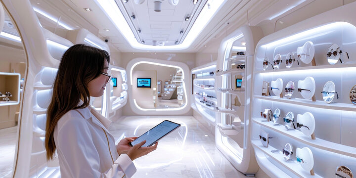 A female shopper in a cutting-edge, brightly lit technology retail environment with an array of products displayed innovatively