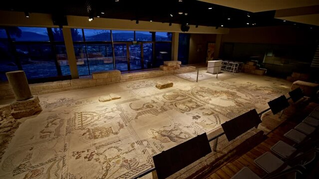 Sepphoris / Tzipori / Saffuriya. Remains of Zippori synagogue. Zodiac wheel mosaic in the 5th- century synagogue, combining Roman scroll designs with Hebrew lettering